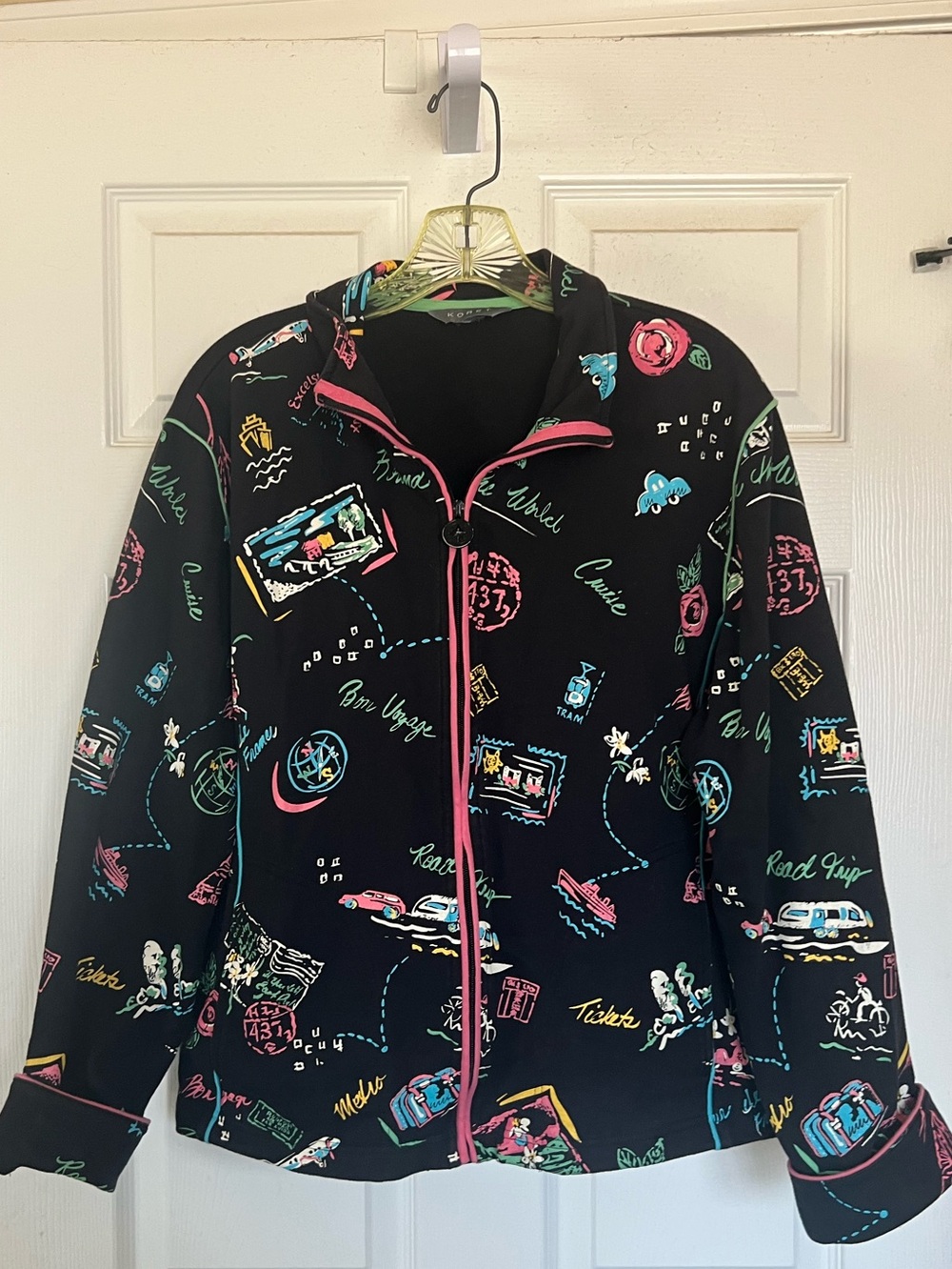 Vintage Koret Travel Novelty Print Jacket Full Zip Black Neon 80s 90s L